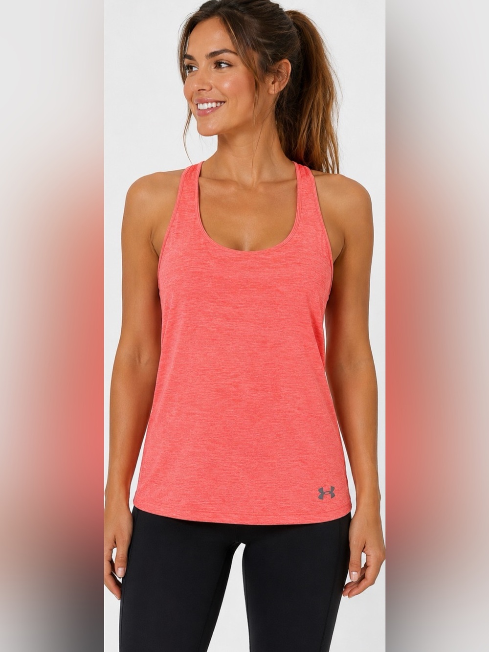 633 Under Armour HeatGear Neon Coral Heather Racerback Athletic Tank Top M
